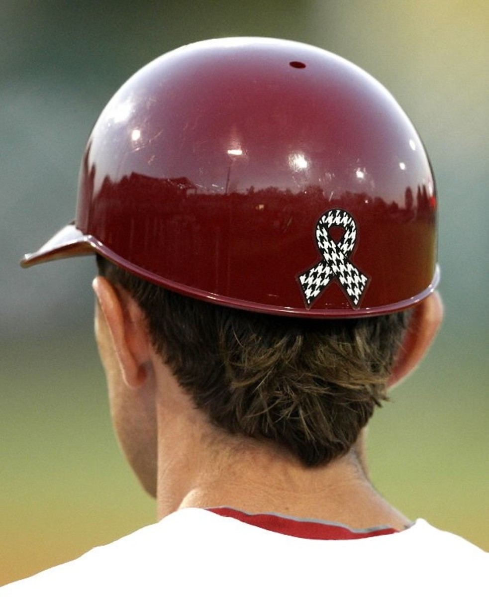 A Tuscaloosa Relief ribbon is sported on the back of an Alabama baseball helmet following the April 27 tornado.